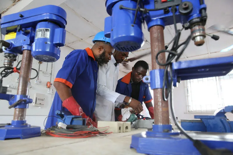 A drill press in a practical learning session.